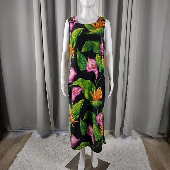 Sag Harbor Women's Black, Green Tropical Floral Sleeveless Maxi Dress Size 14P - Picture 1 of 12